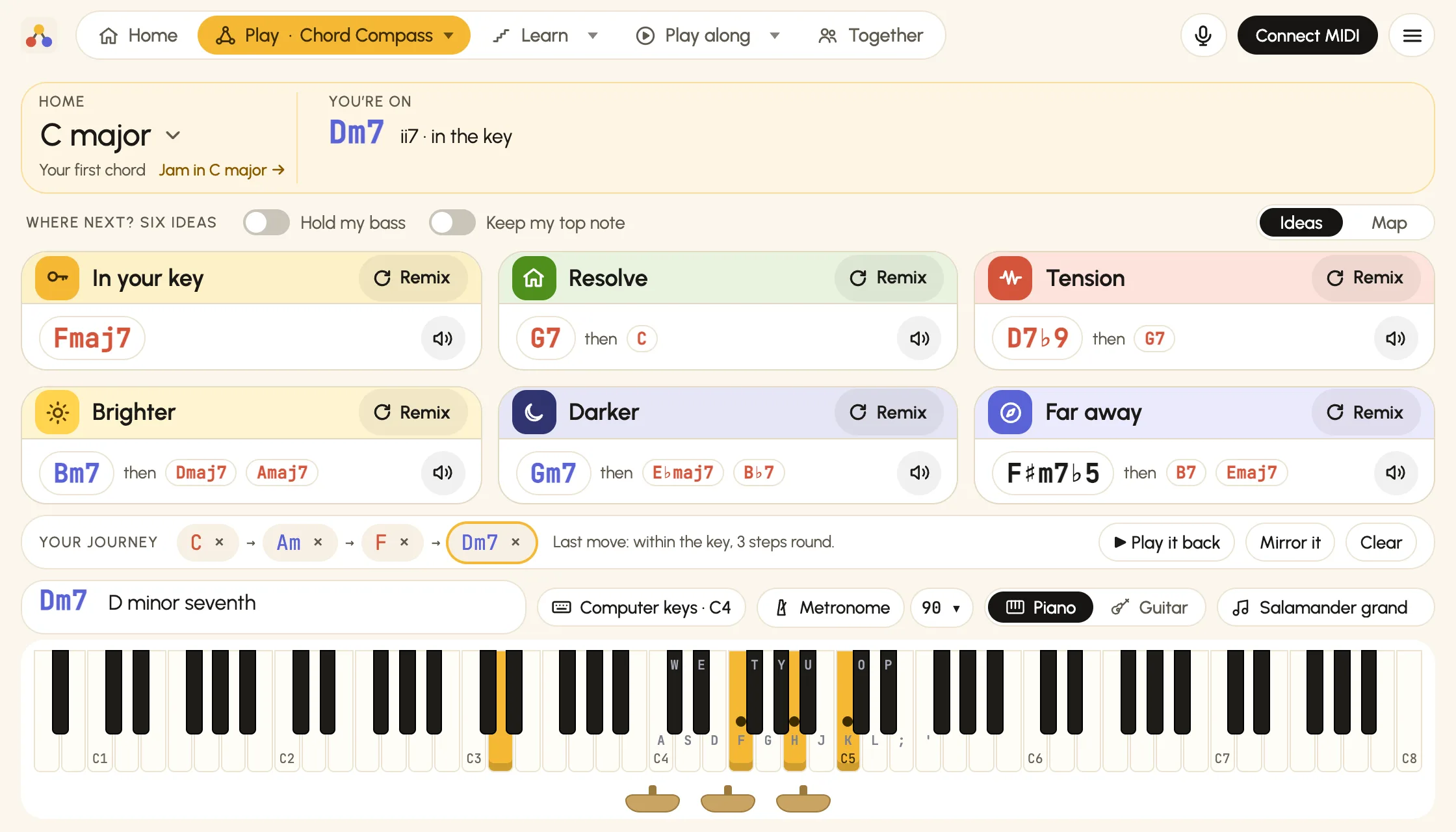 Sound Theory on Chord Compass, holding D minor 7 after C, A minor and F. Home is C major, your first chord, and D minor 7 is the ii7, in the key. Six cards, each with a coloured band and Remix for another idea: in your key, Fmaj7; resolve, G7 then C; tension, D7 flat 9 then G7; brighter, B minor 7 then D major 7 and A major 7; darker, G minor 7 then E flat major 7 and B flat 7; far away, F sharp minor 7 flat 5 then B7 and E major 7. Below, your journey, C, A minor, F, D minor 7, with Play it back, Mirror it and Clear.