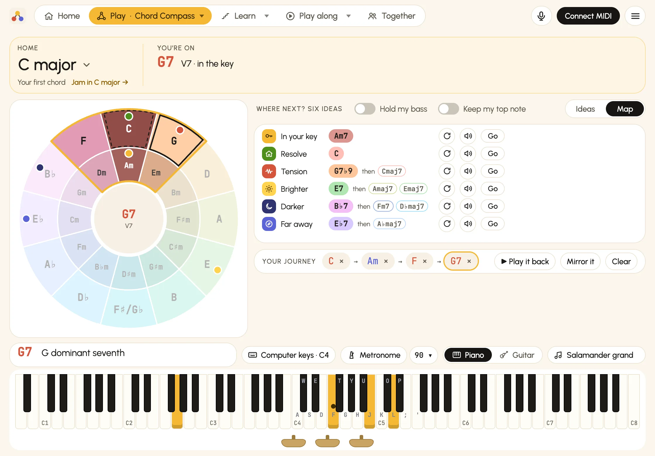 Chord Compass's Map, holding G7 after C, A minor and F. Home is C major. The circle of fifths in key colours, with C major's window outlined in gold round F, C and G, the path C, A minor, F, G7 shaded from first to newest, and six coloured dots where the ideas go. Beside it the six ideas, each a row with Remix, a speaker and Go: in your key, A minor 7; resolve, C; tension, G7 flat 9 then C major 7; brighter, E7 then A major 7 and E major 7; darker, B flat 7 then F minor 7 and D flat major 7; far away, E flat 7 then A flat major 7. Below them, your journey, C, A minor, F, G7.