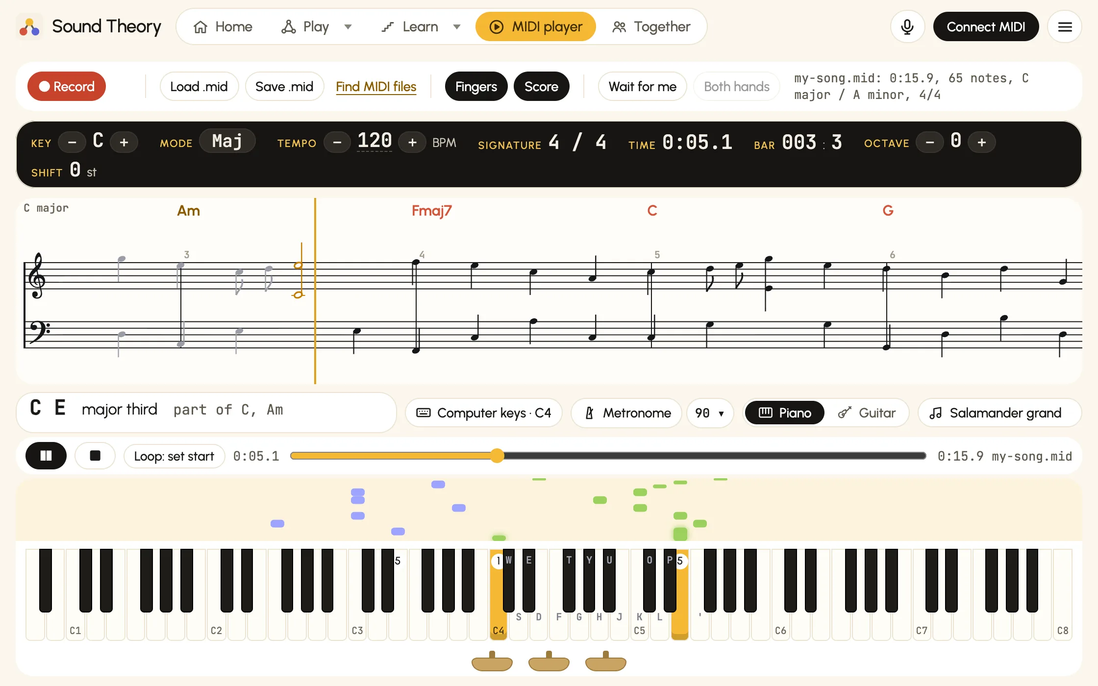 The MIDI player playing a song: a scrolling score with the chord names A minor, F major 7, C and G above it, and coloured notes falling towards the piano keys, with finger numbers on the keys being played.