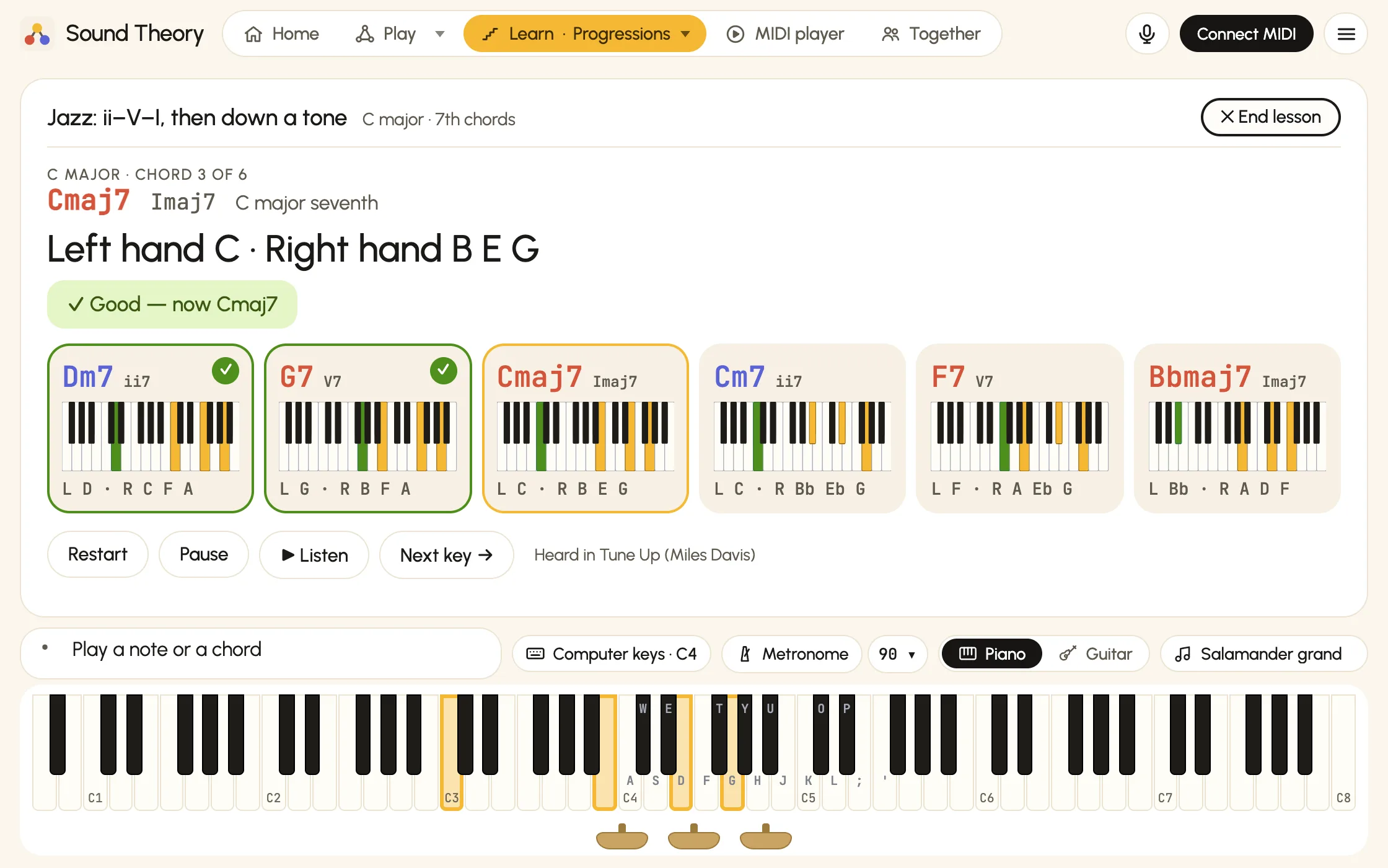 A lesson on the jazz ii–V–I, then down a tone, with End lesson at the top right. The screen says Cmaj7, chord 3 of 6: left hand C, right hand B E G, with Good. Now Cmaj7. Below, six cards show Dm7, G7, Cmaj7, Cm7, F7 and B flat major 7 with each hand's keys marked, and the keys to play are outlined on the piano.
