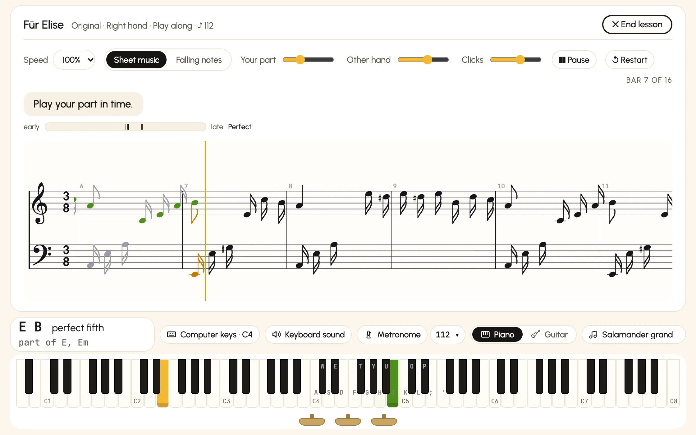 Learn, Songs: Für Elise played along with the right hand. The score scrolls past a playhead, with the notes already played marked in green, while the left hand plays itself and its keys light up below.