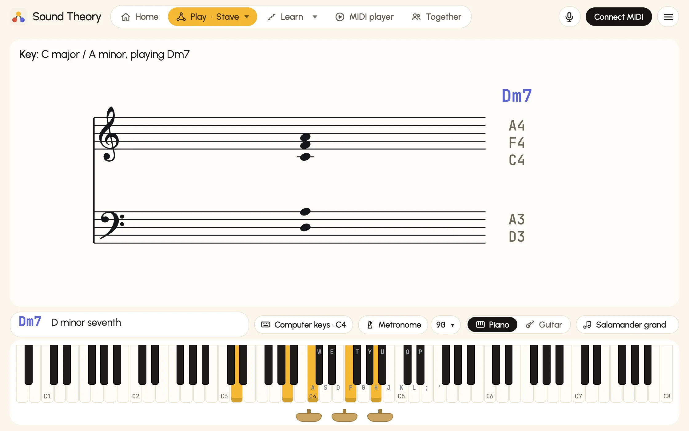 The Stave view showing D minor 7 on the grand staff, with the note names D3, A3, C4, F4 and A4 beside it and the chord name Dm7 above.